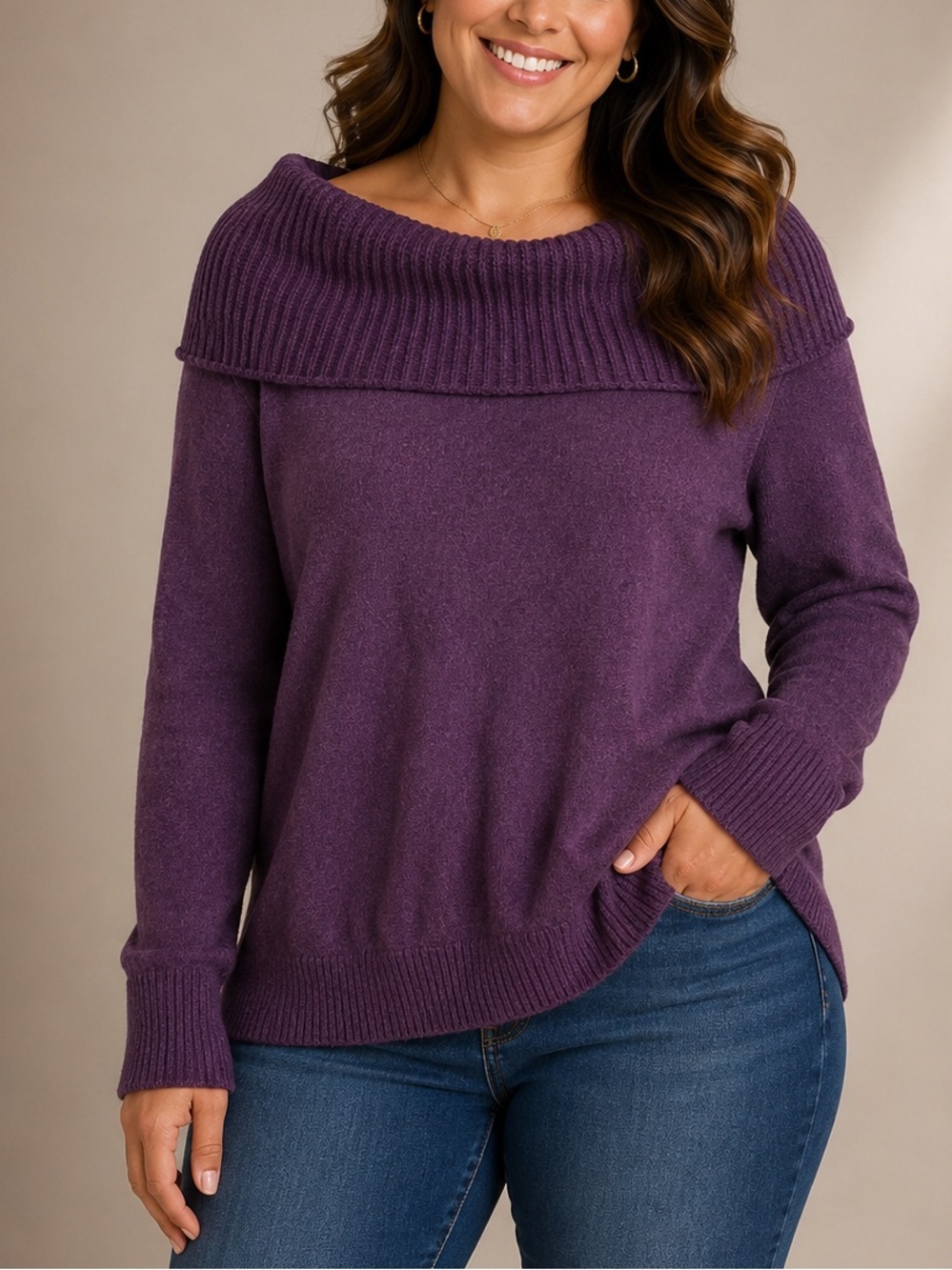 Roz & Ali Off-the-Shoulder Knit Sweater - Purple LARGE